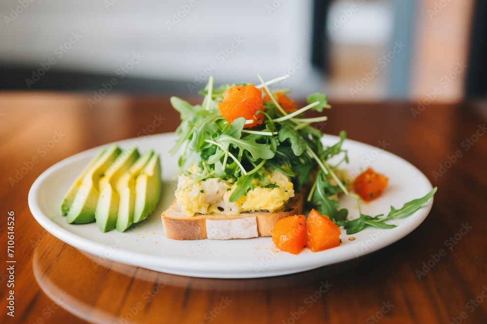 rice cake avocado toast with a side of arugula salad rice cake avocado toast with a side of arugula salad