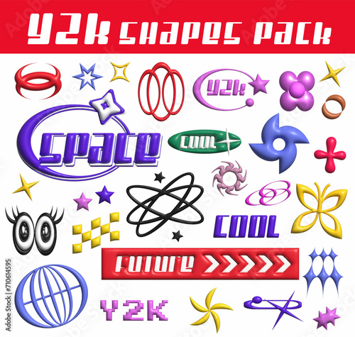 3D neon colored objects set in Y2K style: planets, hearts, stars, flower isolated in white background.High quality photo