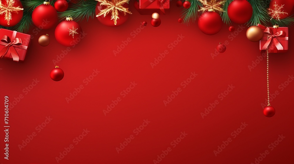 Festive Red Christmas Background with 3D Design Elements: Glowing Decorations, Gift Boxes, and Green Tree Branches. Traditional Holiday Composition for Merry Celebrations and Joyful Occasions. Festive Red Christmas Background with 3D Design Elements: Glowing Decorations, Gift Boxes, and Green Tree Branches. Traditional Holiday Composition for Merry Celebrations and Joyful Occasions.