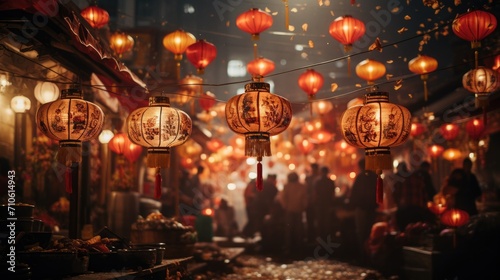 Group of Chinese Lanterns Hanging From Ceiling - Traditional Decorative Lanterns for Celebration or Event