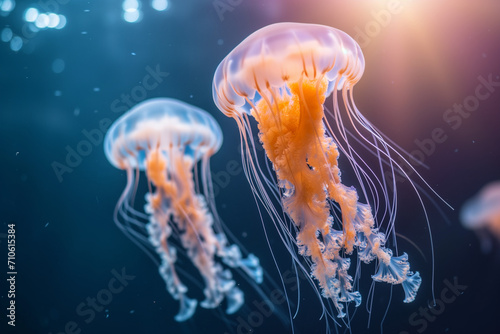 Jellyfish with their translucent bodies and flowing tentacles illuminated by the sun's rays filtering through the water, Generative AI © Cdric