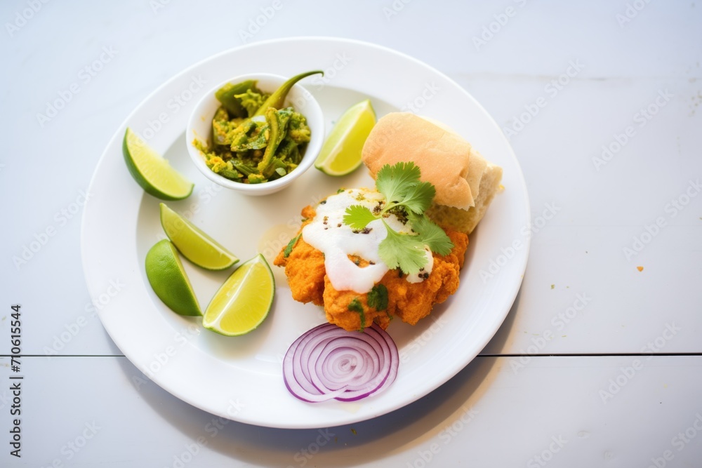 fresh vada pav on a white plate, green chili on side fresh vada pav on a white plate, green chili on side