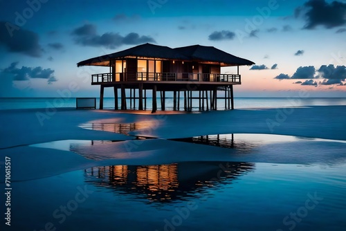 The tranquility of an overwater bungalow at twilight, its stilts casting a mesmerizing reflection on the serene, mirror-like surface of the ocean, inviting peaceful contemplation.