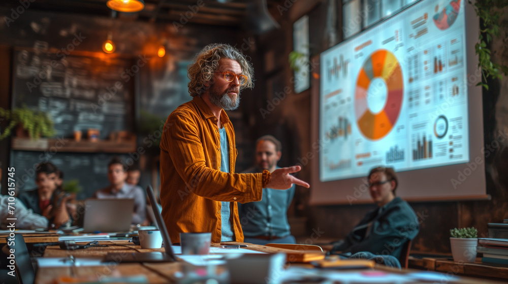 Business leader explaining graphs of data to the team, planning business strategy Business leader explaining graphs of data to the team, planning business strategy
