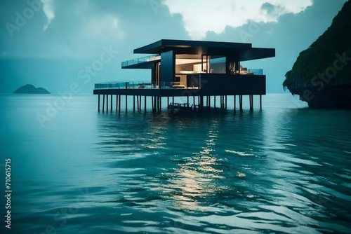 The overwater abode, elevated on stilts, perfectly mirrored on the serene, undisturbed ocean surface, a serene and peaceful sight. © Nature