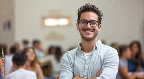 a smiling man in glasses standing in front of class