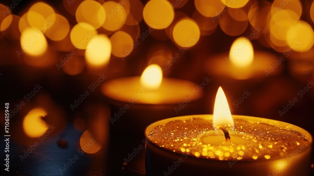 Glittering candles illuminate the scene, casting a warm and celebratory glow with copy space