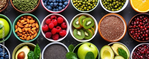 all kinds of fruits and vegetables in bowls