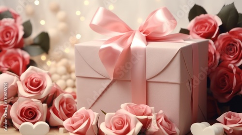 Elegant gift box and roses for romantic celebration. Festive and love.