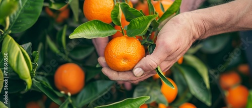 An orange or mandarin fruit is picked by a farmer's hands up close.Organic food, harvesting and farming concept. Background of fresh mandarins or oranges with green leaves.. photo