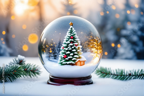 Christmas glass ball with tree in it on winter background