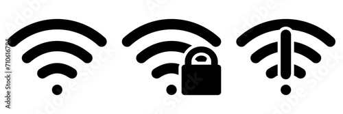 Set of three symbols of Wi-Fi. Normal signal, secure network and offline. Vector icons. photo