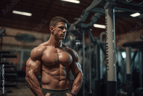 a muscular man in a gym posing