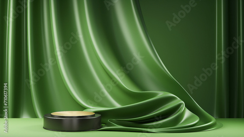 Green Podium with Satin Wave Curtain: 3D Rendering for Natural Cosmetics Display on Minimal Abstract Background