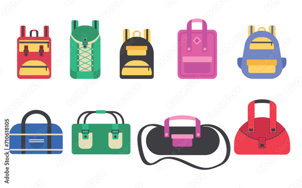 Travel bags. Cartoon knapsack and suitcase. Tourist case with stickers. Camping and hiking rucksack. Journey and adventure baggage. Travelers luggage. Vector traveling backpacks set Travel bags. Cartoon knapsack and suitcase. Tourist case with stickers. Camping and hiking rucksack. Journey and adventure baggage. Travelers luggage. Vector traveling backpacks set