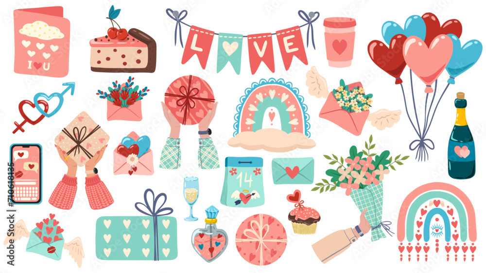 Set of illustrations for Valentine's day. Flat cartoon design of graphic elements. Clip arts for greeting card, invitation, print, sticker. Illustration for birthday, mother's day and woman's day. Set of illustrations for Valentine's day. Flat cartoon design of graphic elements. Clip arts for greeting card, invitation, print, sticker. Illustration for birthday, mother's day and woman's day.