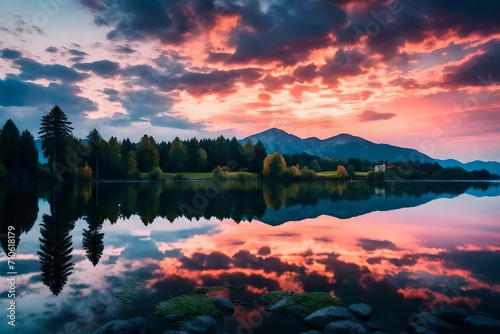 An idyllic Bavarian lake reflecting the colorful hues of the sky during a mesmerizing sunset.