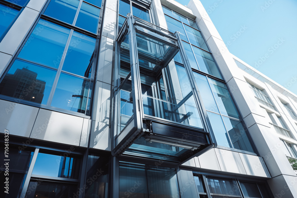 Glass elevator on the outside of the building. Modern new architecture. Glass elevator on the outside of the building. Modern new architecture.