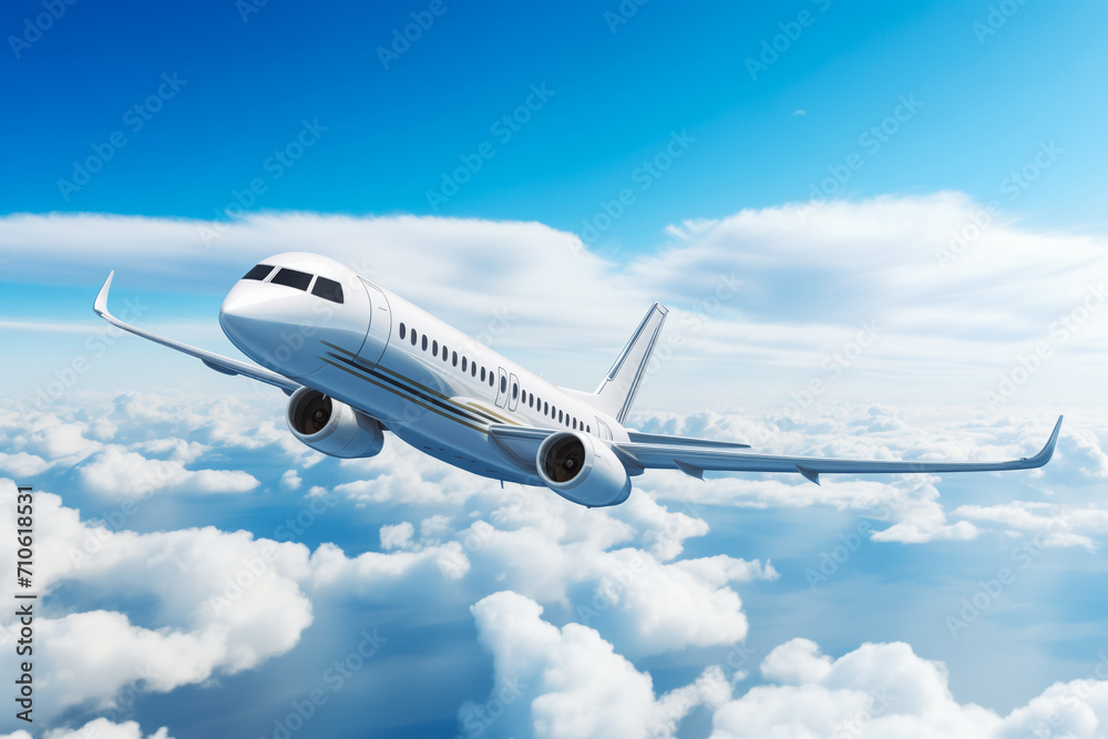 Fototapeta premium Realistic photo of White Luxury generic design private jet flying over the earth. Empty blue sky with white clouds at background.