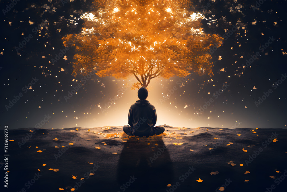 Illustrate the transformative power of mindfulness. A person in meditation, an abstract tree emerging, each leaf embodies a profound mindful thought. - obrazy, fototapety, plakaty 