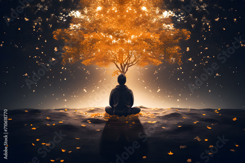 Illustrate the transformative power of mindfulness. A person in meditation, an abstract tree emerging, each leaf embodies a profound mindful thought. © Rathnayakamudalige