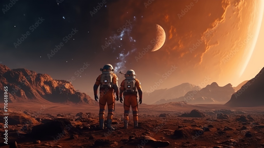 Astronauts in futuristic space suits are exploring the surface of Mars.
