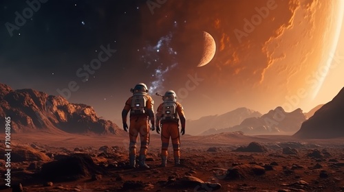 Astronauts in futuristic space suits are exploring the surface of Mars.