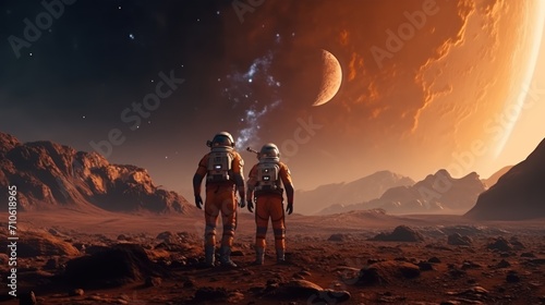 Fototapeta Naklejka Na Ścianę i Meble -  Astronauts in futuristic space suits are exploring the surface of Mars.
