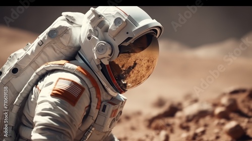 Fototapeta Naklejka Na Ścianę i Meble -  Astronauts in futuristic space suits are exploring the surface of Mars.