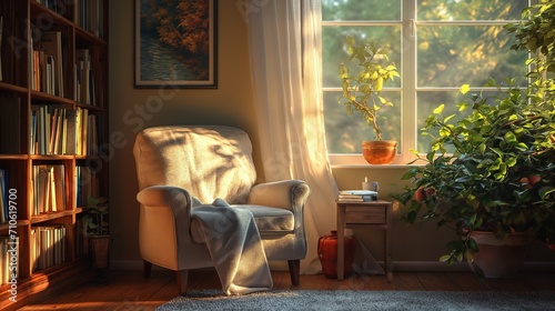 A serene reading corner with a cozy armchair, a small side table, and ample natural light for a peaceful reading experience. 