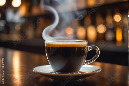 Close up shot of a cup of espresso, blurred background of a bar