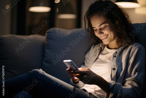 A European and American girl about 20 years old is looking at her smartphone, she's seated on a couch in her living room