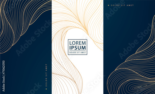 Vector set of gold japanese backgrounds, line wave textures, elegant luxury design elements. Use for wine label, soap, perfume, invitation, banner and box.