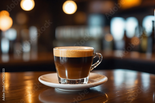 Close up shot of a cup of espresso  blurred background of a bar