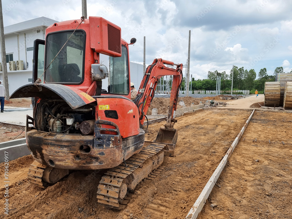 Mini Hydraulic Excavator or diggers prepare the road area in the substation construction Mini Hydraulic Excavator or diggers prepare the road area in the substation construction