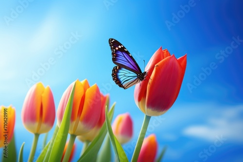 Colorful butterfly on tulip flower against blue sky #710620991