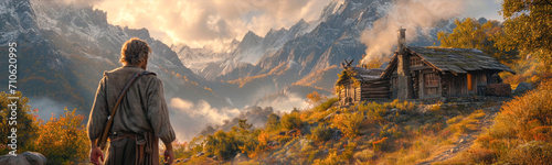 Autumn alpine landscape with wooden chalet and snow capped mountains