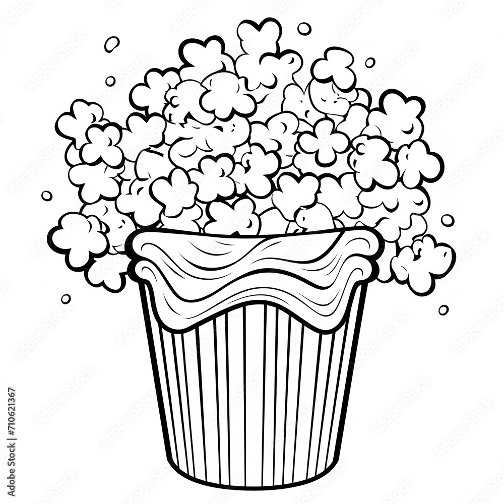 Popping popcorn from a box black and white coloring book. Corn as a dish of thanksgiving for the harvest, picture on a white isolated background. Popping popcorn from a box black and white coloring book. Corn as a dish of thanksgiving for the harvest, picture on a white isolated background.