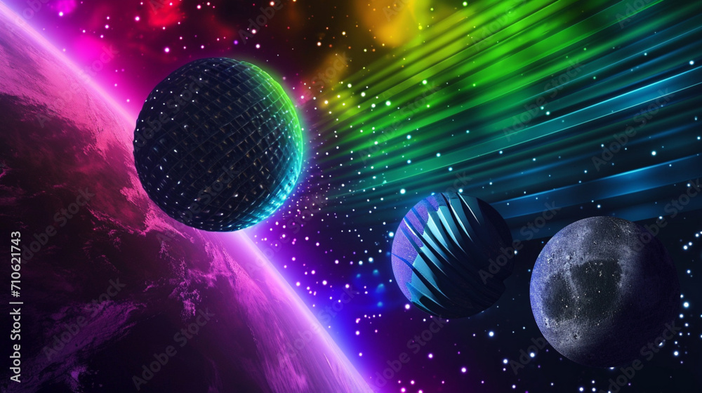 Fototapeta premium Wow pop art disco ball. Planets in space colorful background. Pop art music concept, fantasy pop art