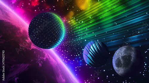 Wow pop art disco ball. Planets in space colorful background. Pop art music concept, fantasy pop art