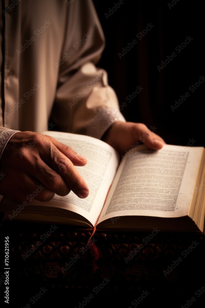 Close-up of Quran page turning symbolizing devotion in Ramadan Close-up of Quran page turning symbolizing devotion in Ramadan