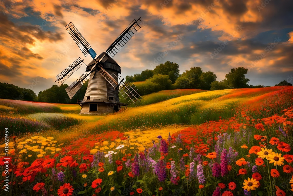 A quaint windmill standing proudly amidst an enchanting field of brilliantly colored, undulating wildflowers.