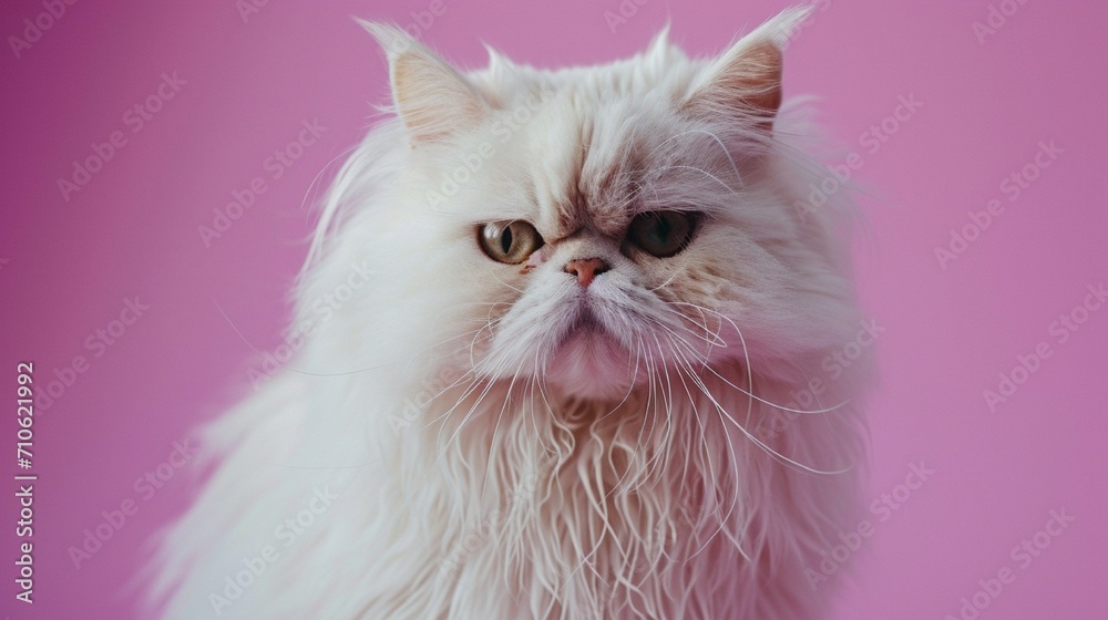 A fluffy Persian cat with luxurious fur against a lavender background, capturing regal feline beauty. A fluffy Persian cat with luxurious fur against a lavender background, capturing regal feline beauty.