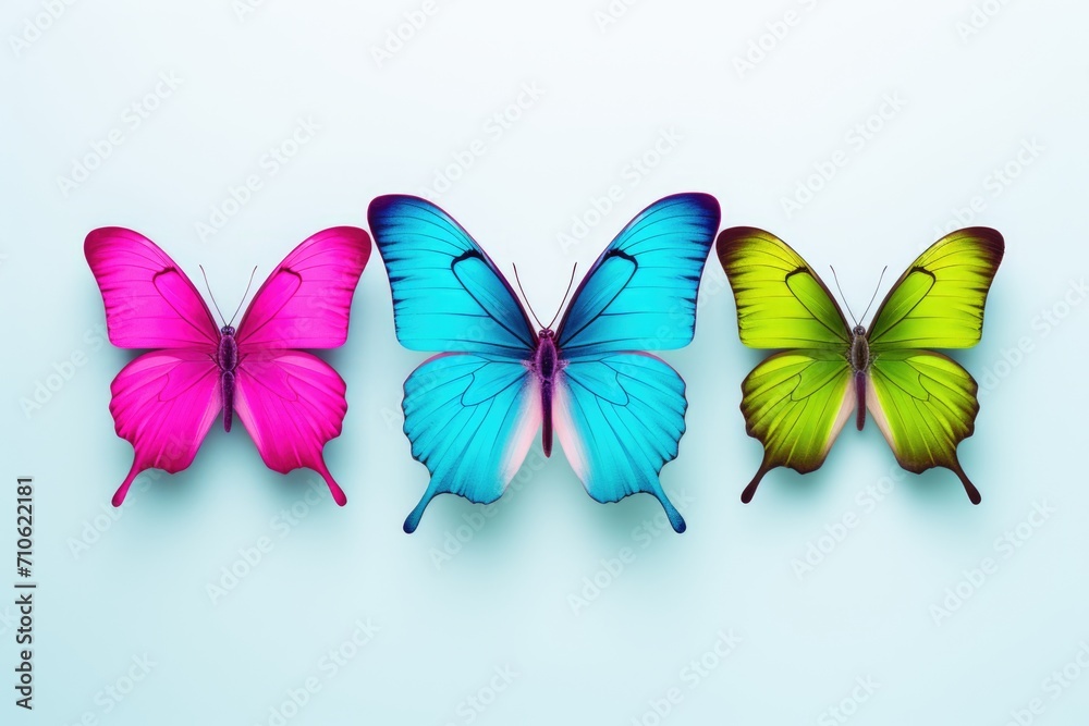 Isolated colorful butterflies with shadows on white background