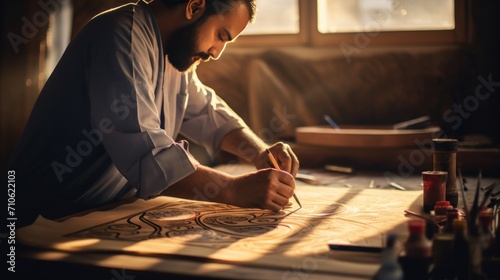 Traditional calligraphy artist at work during Ramadan photo