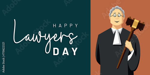 judge, with gavel of justice, for banner design with text happy lawyer's day, vector illustration