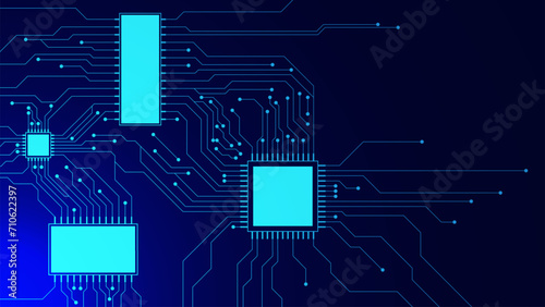 Blue circuit board with microchip processor. Big data visualization. Quantum computer and digital technology concept on dark blue background.