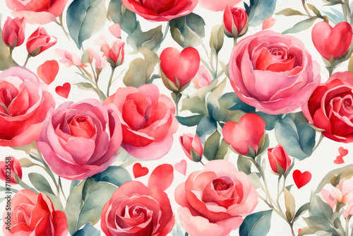 Watercolor hand drawn Valentines day flower, rose and hearts seamless pattern.