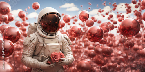 Astronaut holding roses amidst shiny red balloons, surreal space love concept. Copy space. Generative AI