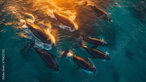 Drone shot of a pod of orcas, killer whales with calves